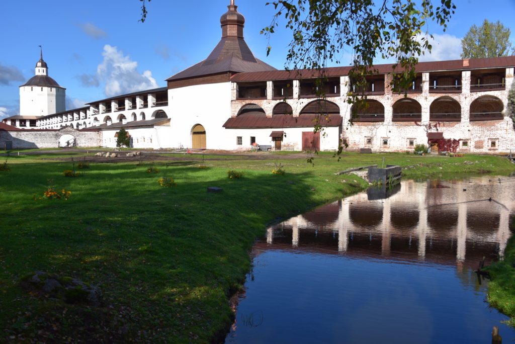building with pond